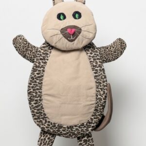 Leopard-print stuffed cat toy with outstretched arms.